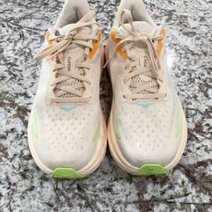 Women's Hoka Cream and Green Athletic Shoes